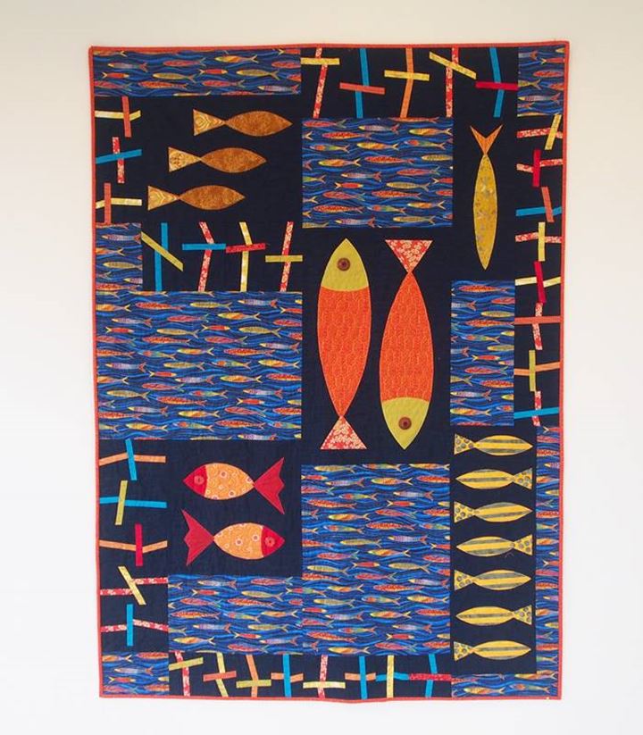 Finished Fish and Chips quilt on the design wall